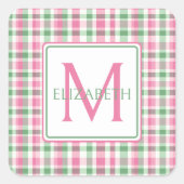 ピンク名門私立校風のと緑の格子模様モノグラム スクエアシール (正面)