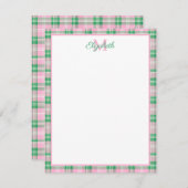 ピンク名門私立校風のと緑の格子模様モノグラム ノートカード (正面/裏面)