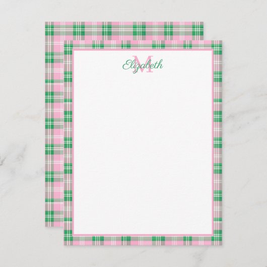 ピンク名門私立校風のと緑の格子模様モノグラム ノートカード (正面/裏面)