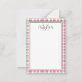 ピンク名門私立校風のと緑の格子模様モノグラム ノートカード (正面)