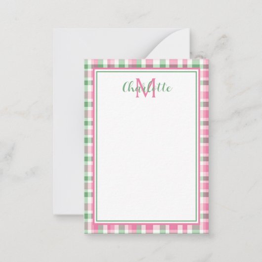 ピンク名門私立校風のと緑の格子模様モノグラム ノートカード (正面)