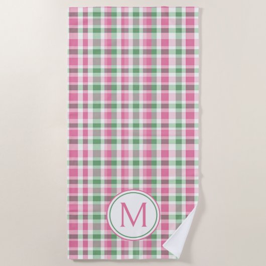 ピンク名門私立校風のと緑の格子模様モノグラム ビーチタオル (正面)