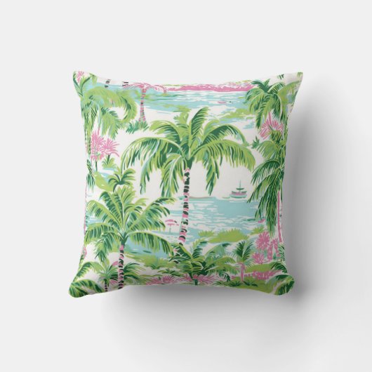 ピンク名門私立校風のと緑の熱帯性ヤシの木モノグラム クッション (裏面)