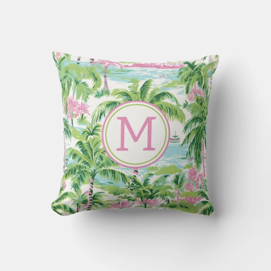ピンク名門私立校風のと緑の熱帯性ヤシの木モノグラム クッション (正面)