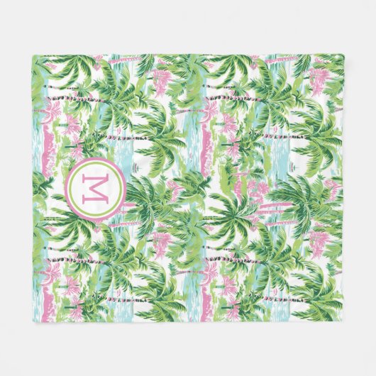 ピンク名門私立校風のと緑の熱帯性ヤシの木モノグラム フリースブランケット (正面(横))