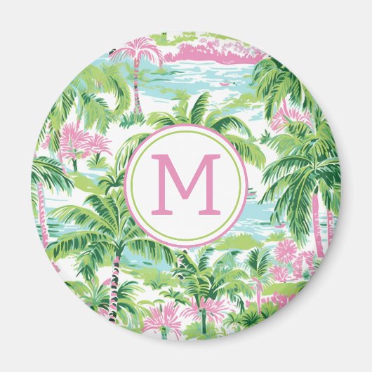 ピンク名門私立校風のと緑の熱帯性ヤシの木モノグラム マグネット (正面)