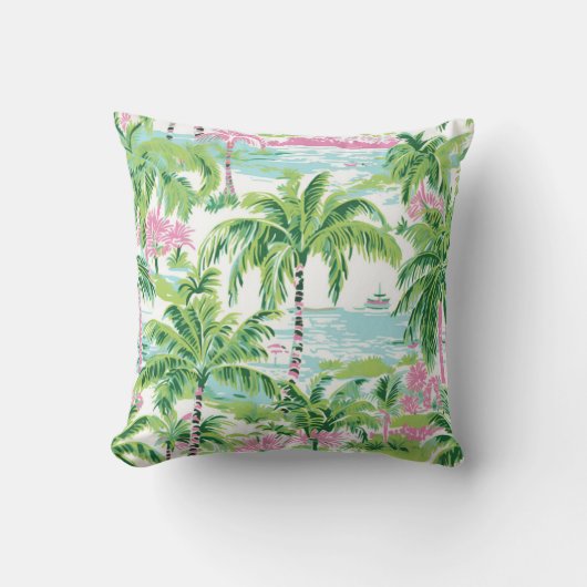ピンク名門私立校風のと緑の熱帯性ヤシの木 クッション (正面)