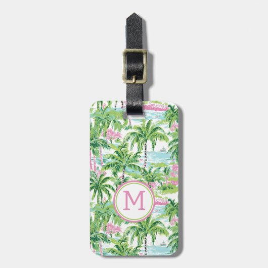 ピンク名門私立校風のと緑の熱帯性ヤシの木 ラゲッジタグ (正面縦)