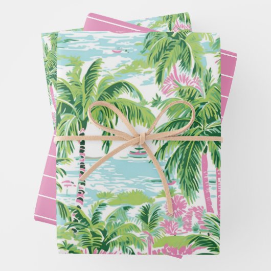 ピンク名門私立校風のと緑の熱帯性ヤシの木 ラッピングペーパーシート (インサイチュ)
