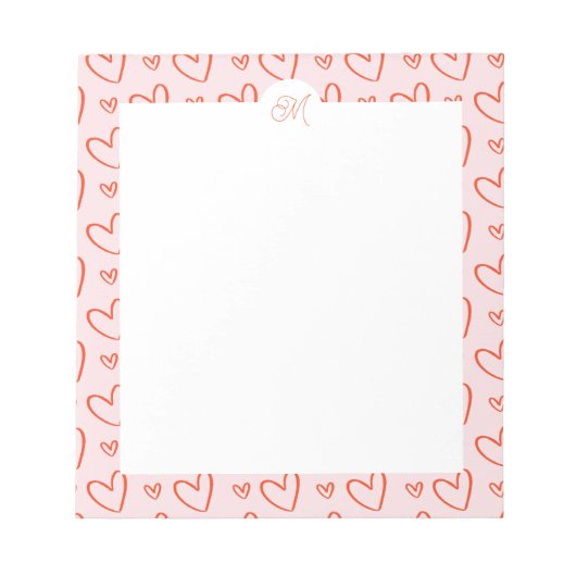 ピンク名門私立校風のと赤のハートと名前イニシャル ノートパッド (正面)