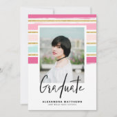 ピンク名門私立校風のと金ゴールドのグリッター写真卒業 招待状 (正面)