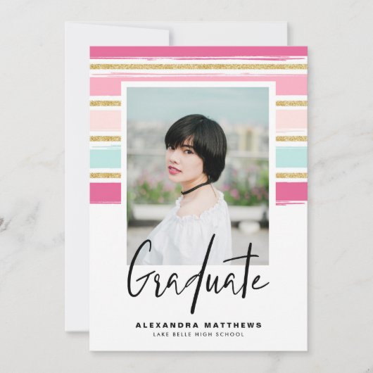 ピンク名門私立校風のと金ゴールドのグリッター写真卒業 招待状 (正面)
