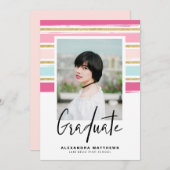 ピンク名門私立校風のと金ゴールドのグリッター写真卒業 招待状 (正面/裏面)