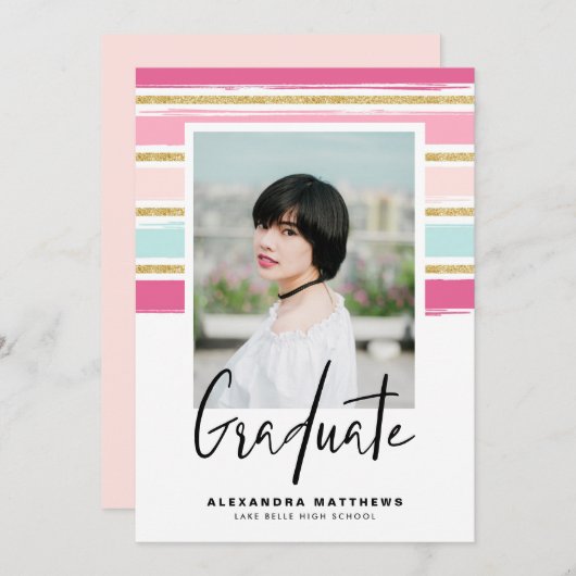 ピンク名門私立校風のと金ゴールドのグリッター写真卒業 招待状 (正面/裏面)