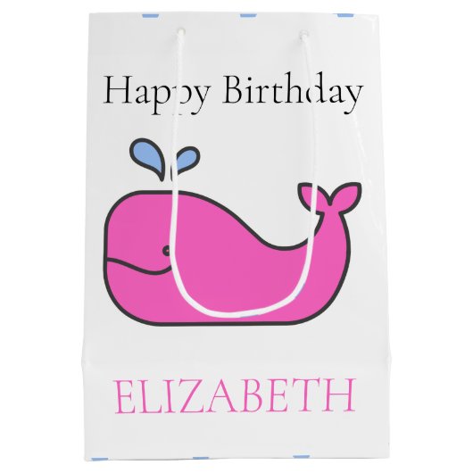 ピンク名門私立校風のと青のクジラと水玉模様 ミディアムペーパーバッグ (裏面)