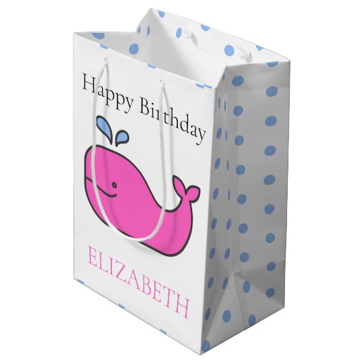 ピンク名門私立校風のと青のクジラと水玉模様 ミディアムペーパーバッグ (裏面アングル)