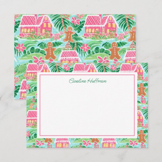 ピンク名門私立校風ののクリスマスのジンジャーブレッドパーソナライズされた サンキューカード (正面/裏面)