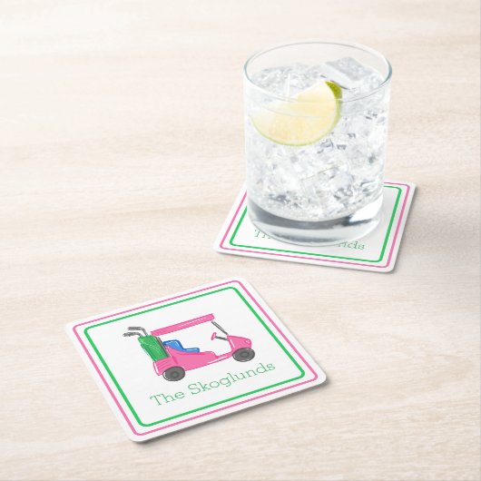 ピンク名門私立校風ののゴルフカーパーソナライズされたト縁ど スクエアペーパーコースター (インサイチュ)