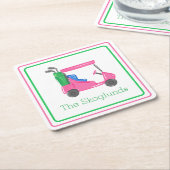 ピンク名門私立校風ののゴルフカーパーソナライズされたト縁ど スクエアペーパーコースター (アングル)