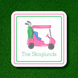 ピンク名門私立校風ののゴルフカーパーソナライズされたト縁ど スクエアペーパーコースター