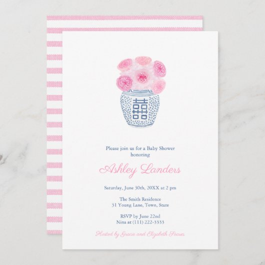 ピンク名門私立校風ののバラ生姜ジャガーガールガールベビーシャワーInvi 招待状 (正面/裏面)