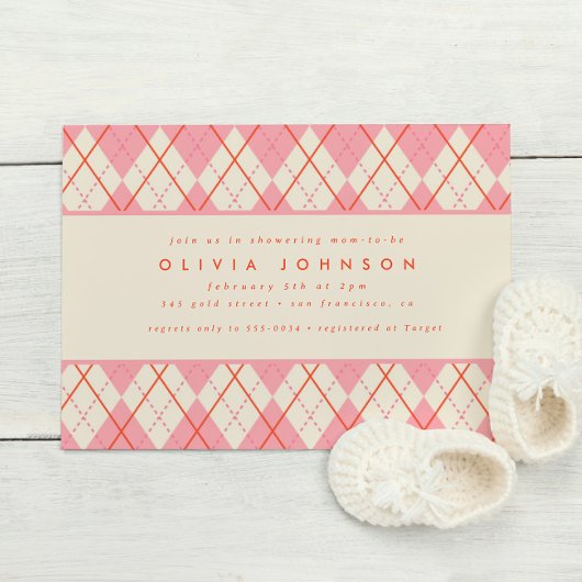 ピンク名門私立校風ののプアーガイルライド赤ちゃん女の子シャワー 招待状