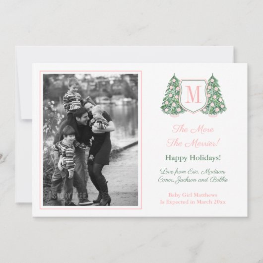 ピンク名門私立校風ののベビーガールクリスマス休暇の妊娠 案内状 (正面)