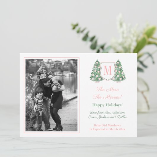 ピンク名門私立校風ののベビーガールクリスマス休暇の妊娠 案内状 (スタンド正面)