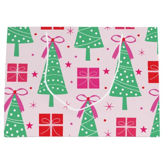 ピンク名門私立校風のの弓とギフトボックスを持つクリスマスツリー ラージペーパーバッグ (正面)