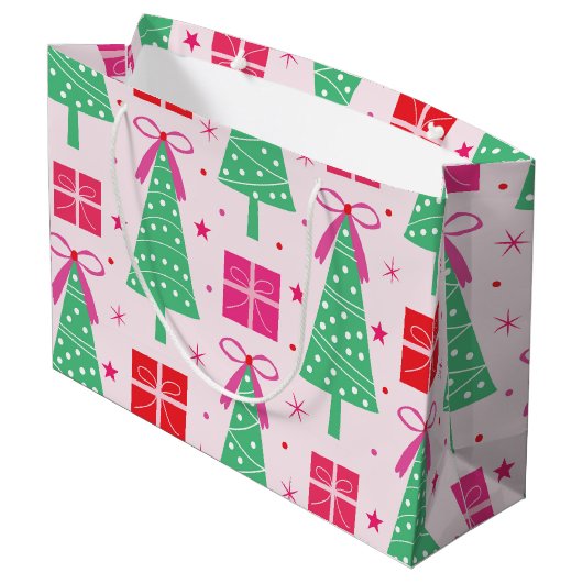 ピンク名門私立校風のの弓とギフトボックスを持つクリスマスツリー ラージペーパーバッグ (裏面アングル)