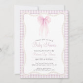 ピンク名門私立校風のの弓ジンガム大千年の赤ちゃんシャワー 招待状 (正面)