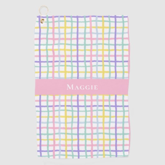 ピンク名門私立校風のの格子柄の女性パーソナライズされた ゴルフタオル (正面)