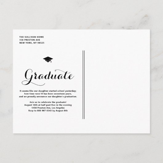 ピンク名門私立校風のの水の色のオーバーレイ写真卒業 案内ポストカード (裏面)