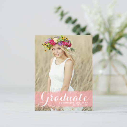 ピンク名門私立校風のの水の色のオーバーレイ写真卒業 案内ポストカード (スタンド正面)
