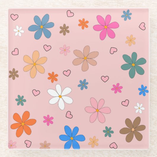 ピンク名門私立校風のの花カラフルハートY2Kパターン ガラスコースター (正面)