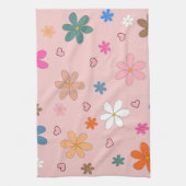 ピンク名門私立校風のの花カラフルハートY2Kパターン キッチンタオル (縦)