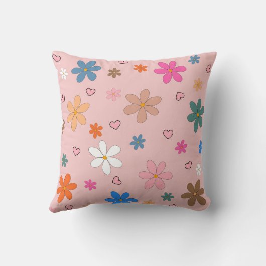 ピンク名門私立校風のの花カラフルハートY2Kパターン クッション (裏面)