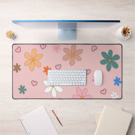 ピンク名門私立校風のの花カラフルハートY2Kパターン デスクマット