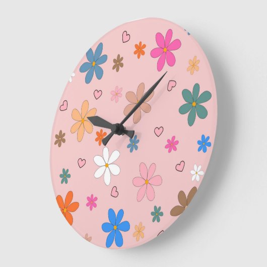 ピンク名門私立校風のの花カラフルハートY2Kパターン ラージ壁時計 (傾斜)