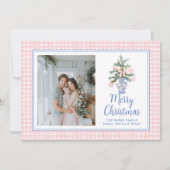 ピンク名門私立校風のオーナメント水色クリスマスツリー シーズンカード (正面)