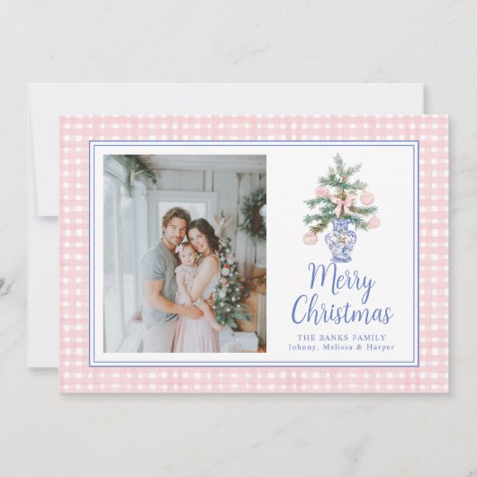 ピンク名門私立校風のオーナメント水色クリスマスツリー シーズンカード (正面)