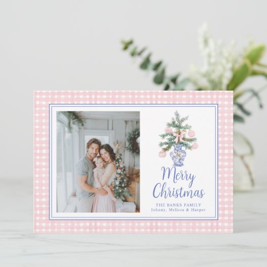 ピンク名門私立校風のオーナメント水色クリスマスツリー シーズンカード (スタンド正面)