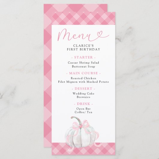 ピンク名門私立校風のカボチャ少女の最初の誕生日メニュー メニュー (正面/裏面)