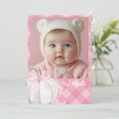 ピンク名門私立校風のカボチャ第1誕生日フォトバナー 招待状 (スタンド正面)