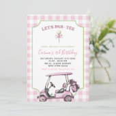 ピンク名門私立校風のガールゴルフエイジ誕生日パー – ティー 招待状 (スタンド正面)