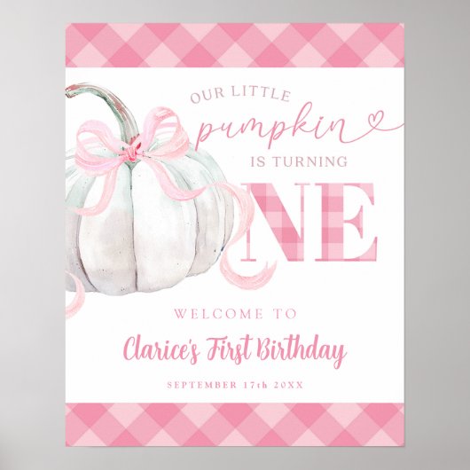 ピンク名門私立校風のガールズカボチャ誕生日ウェルカムサイン ポスター (正面)