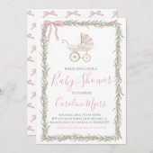 ピンク名門私立校風のキャリッジベビーガールシャワー招待状 招待状 (正面/裏面)