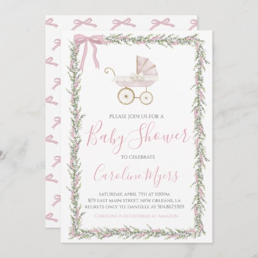 ピンク名門私立校風のキャリッジベビーガールシャワー招待状 招待状 (正面/裏面)