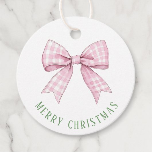 ピンク名門私立校風のギンガムボウクラシックラウンドステッカー フェイバータグ (正面)