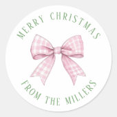 ピンク名門私立校風のギンガムボウクラシックラウンドステッカー ラウンドシール (正面)